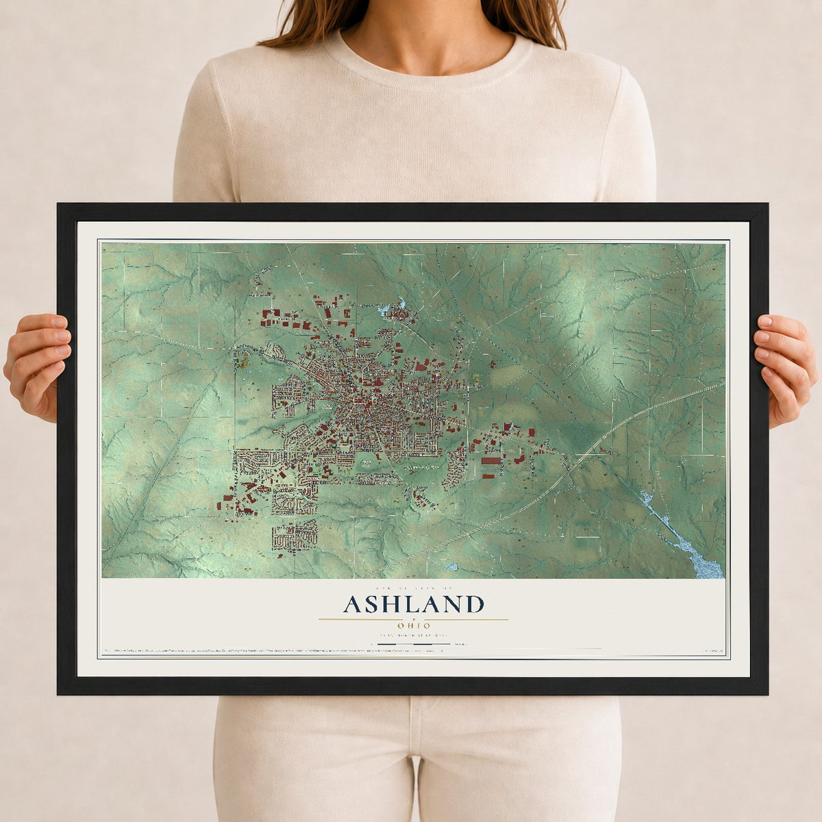 Map of Ashland, Ohio, 12 x 18 inch print in a black wood frame
