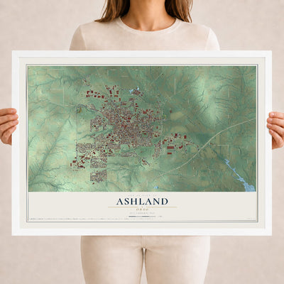 Map of Ashland, Ohio, 18 x 24 inch print in a white wood frame