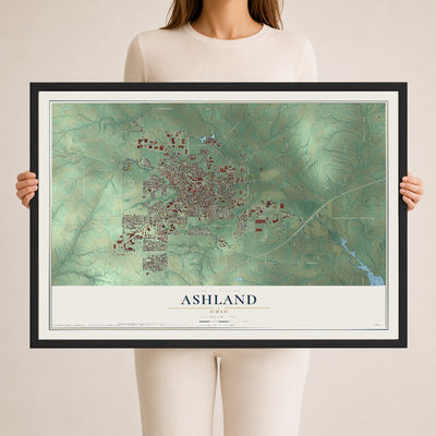 Map of Ashland, Ohio, 24 x 36 inch print in a black wood frame