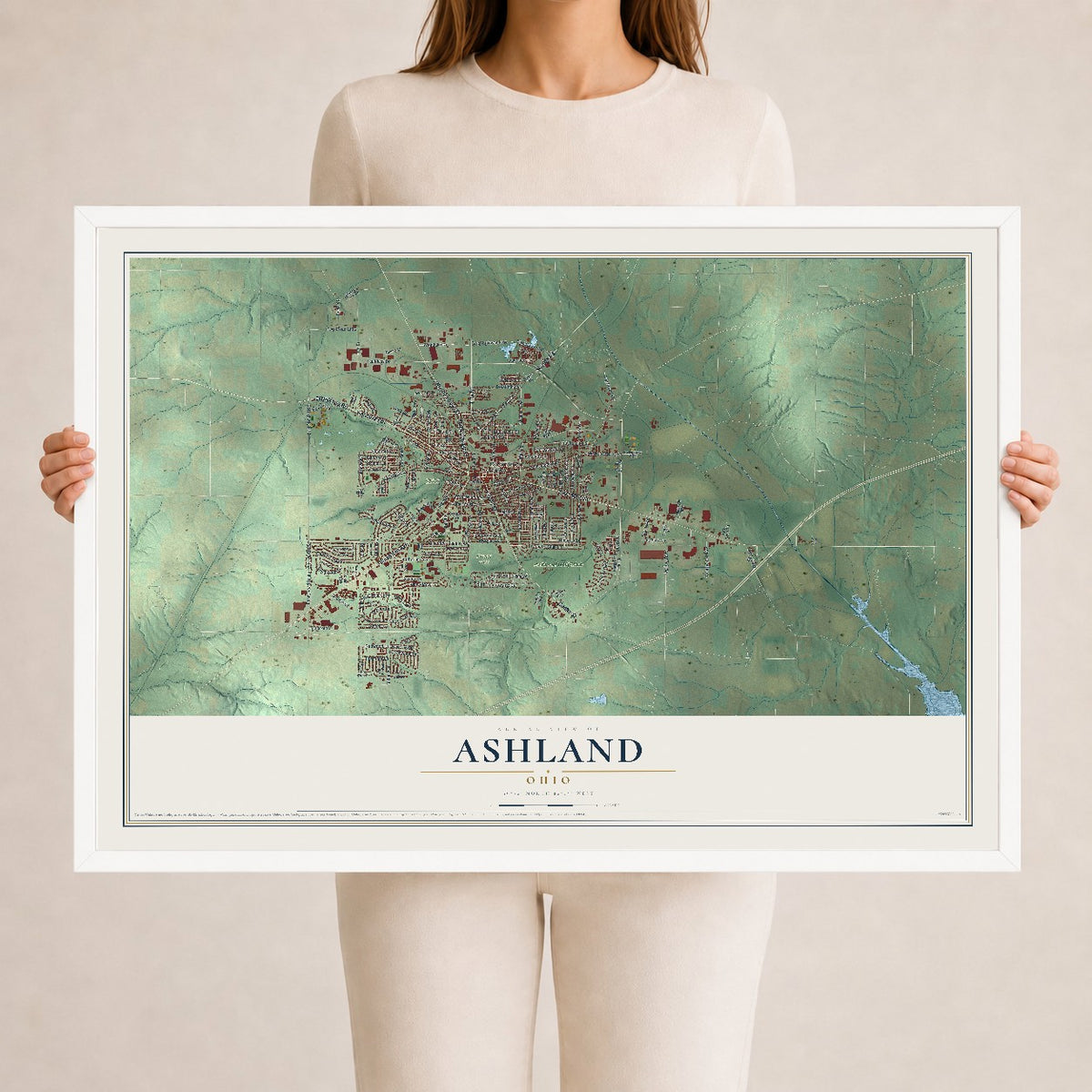 Map of Ashland, Ohio, 24 x 36 inch print in a white wood frame