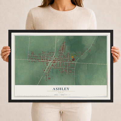 Map of Ashley, Ohio, 12 x 18 inch print in a black wood frame