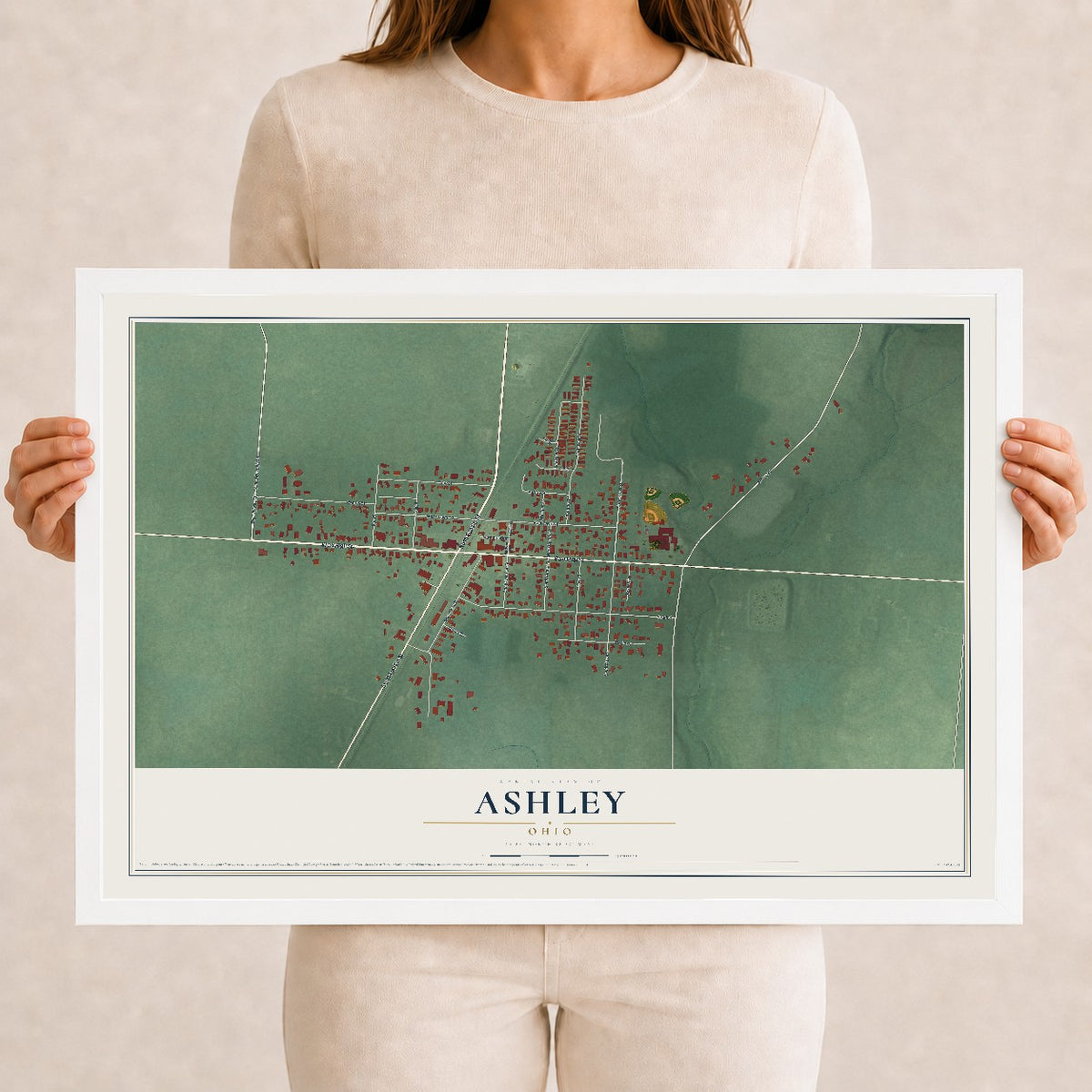 Map of Ashley, Ohio, 12 x 18 inch print in a white wood frame
