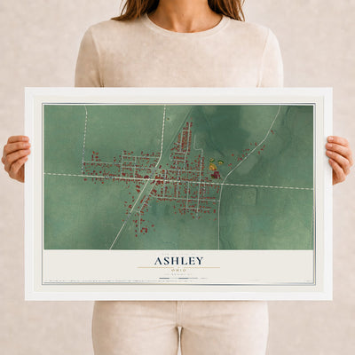 Map of Ashley, Ohio, 12 x 18 inch print in a white wood frame