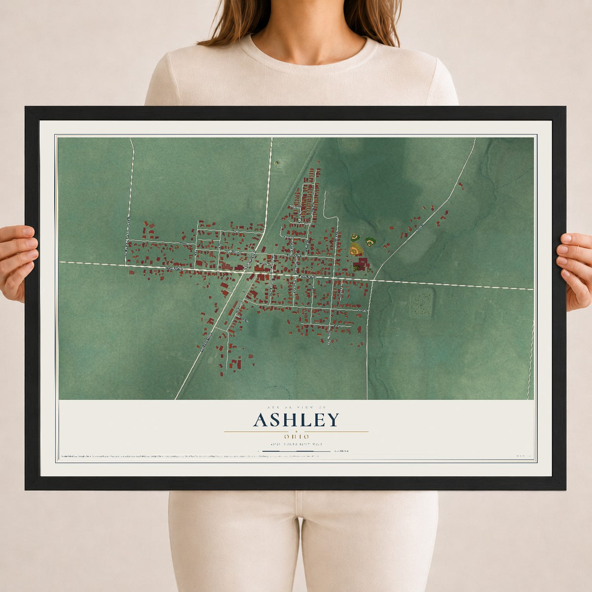 Map of Ashley, Ohio, 18 x 24 inch print in a black wood frame