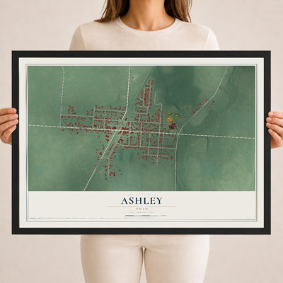 Map of Ashley, Ohio, 18 x 24 inch print in a black wood frame