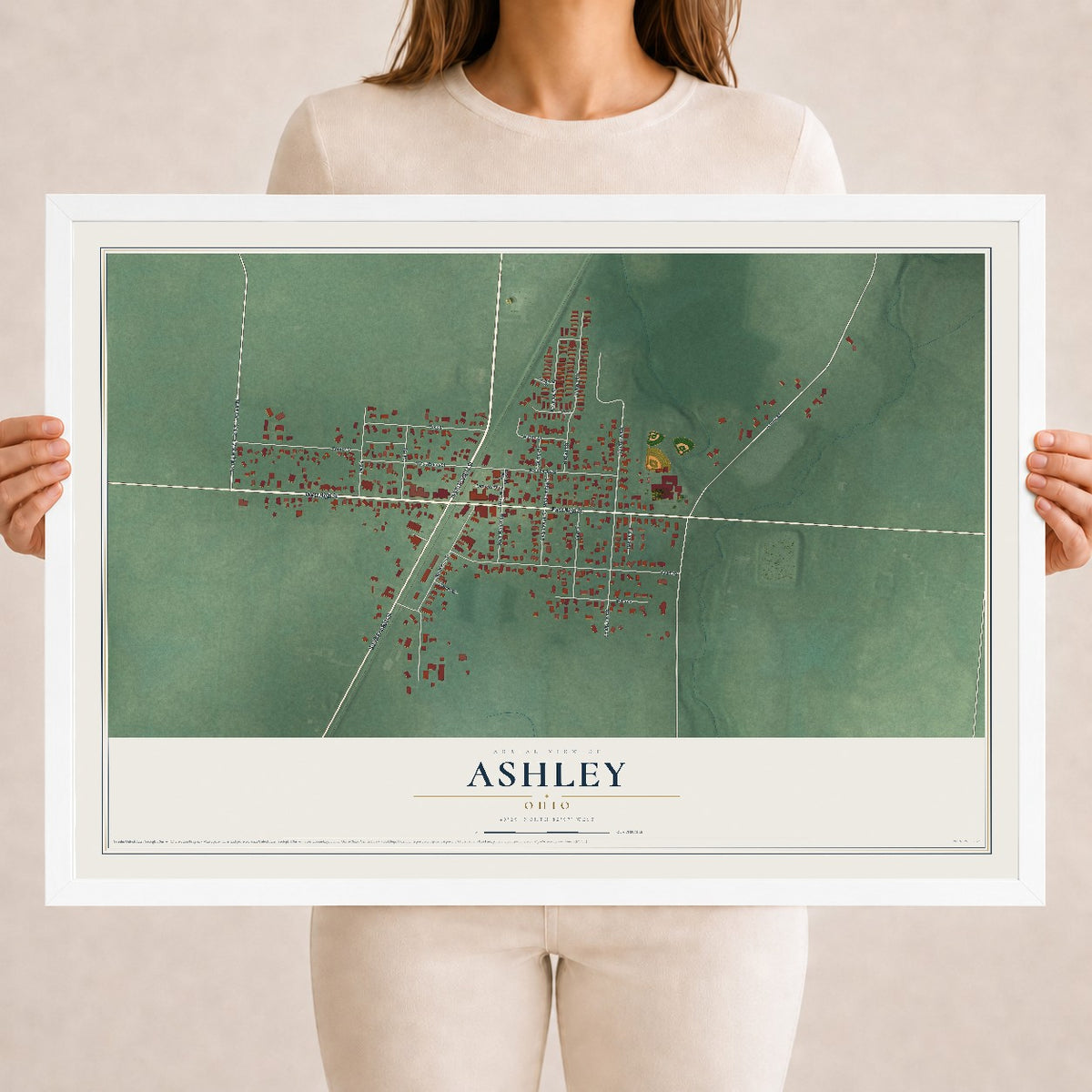 Map of Ashley, Ohio, 18 x 24 inch print in a white wood frame