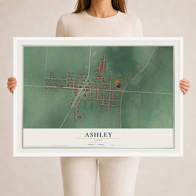 Map of Ashley, Ohio, 24 x 36 inch print in a white wood frame