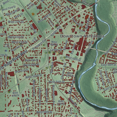 Close-up of the map of Ashtabula, Ohio print showing street and building detail
