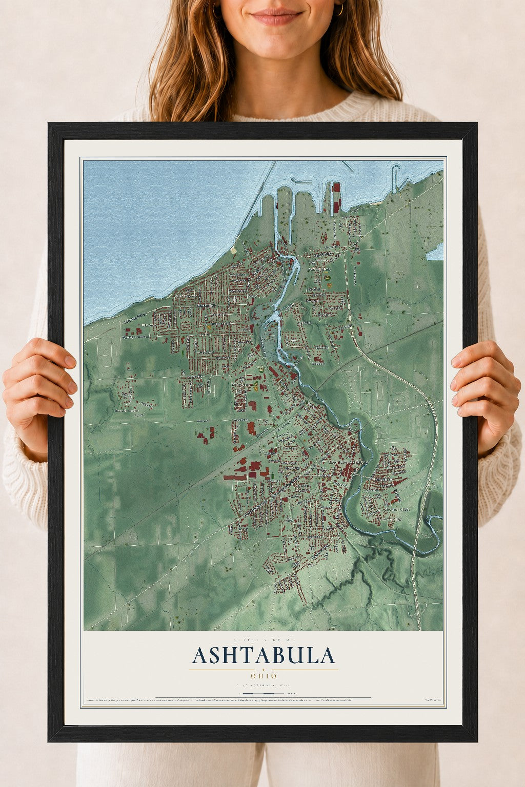 Map of Ashtabula, Ohio, 18 x 24 inch print in a black wood frame