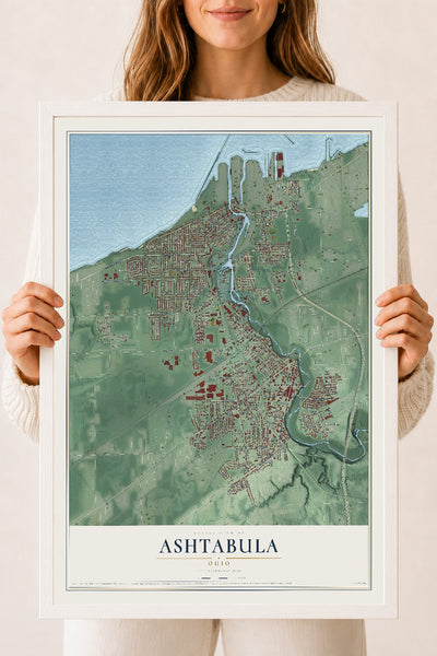 Map of Ashtabula, Ohio, 18 x 24 inch print in a white wood frame