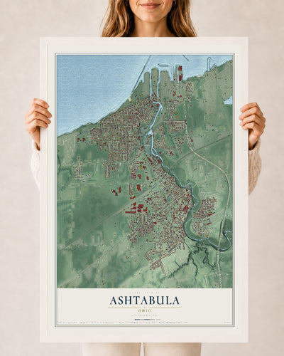 Map of Ashtabula, Ohio, 24 x 36 inch print in a white wood frame