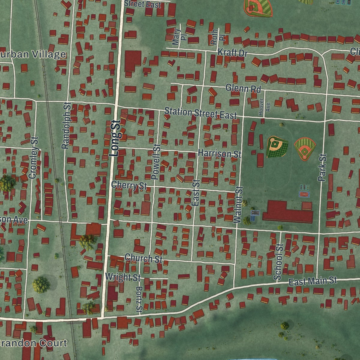 Close-up of the map of Ashville, Ohio print showing street and building detail