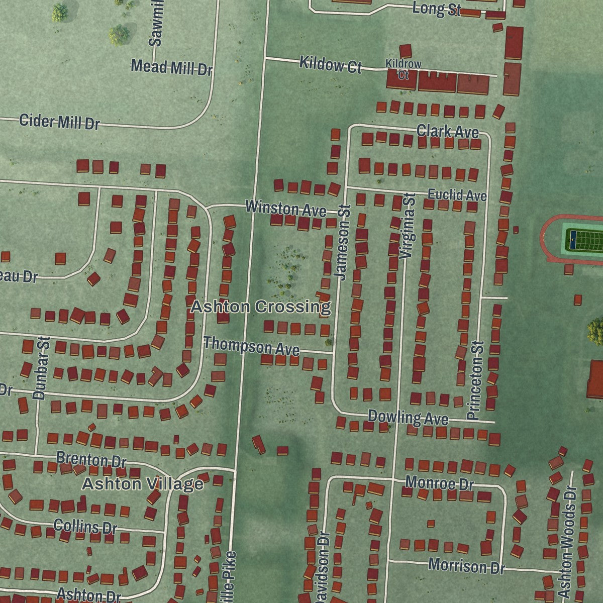 Second close-up of the map of Ashville, Ohio print showing more streets and buildings