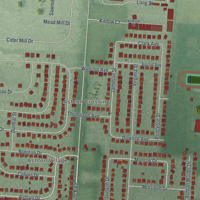 Second close-up of the map of Ashville, Ohio print showing more streets and buildings