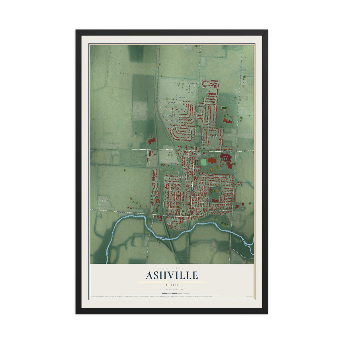 Map of Ashville, Ohio, 12 x 18 inch print in a black wood frame