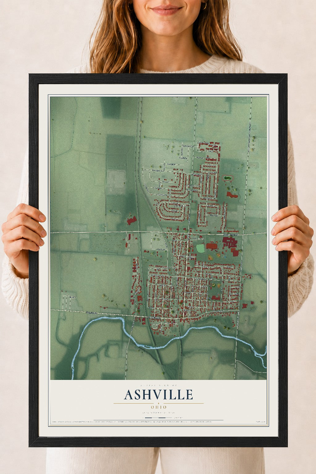 Map of Ashville, Ohio, 18 x 24 inch print in a black wood frame