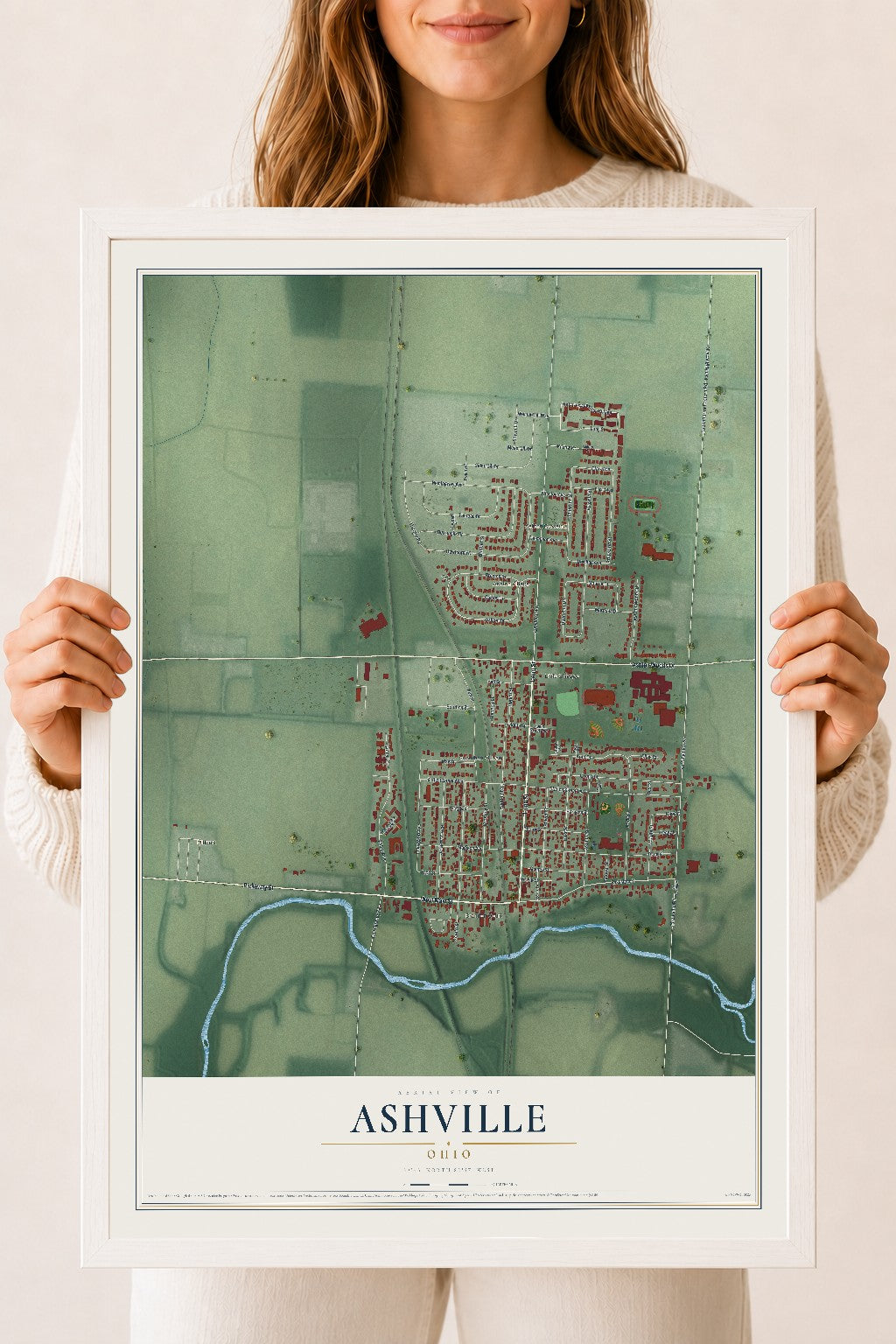 Map of Ashville, Ohio, 18 x 24 inch print in a white wood frame