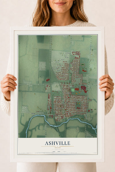 Map of Ashville, Ohio, 18 x 24 inch print in a white wood frame