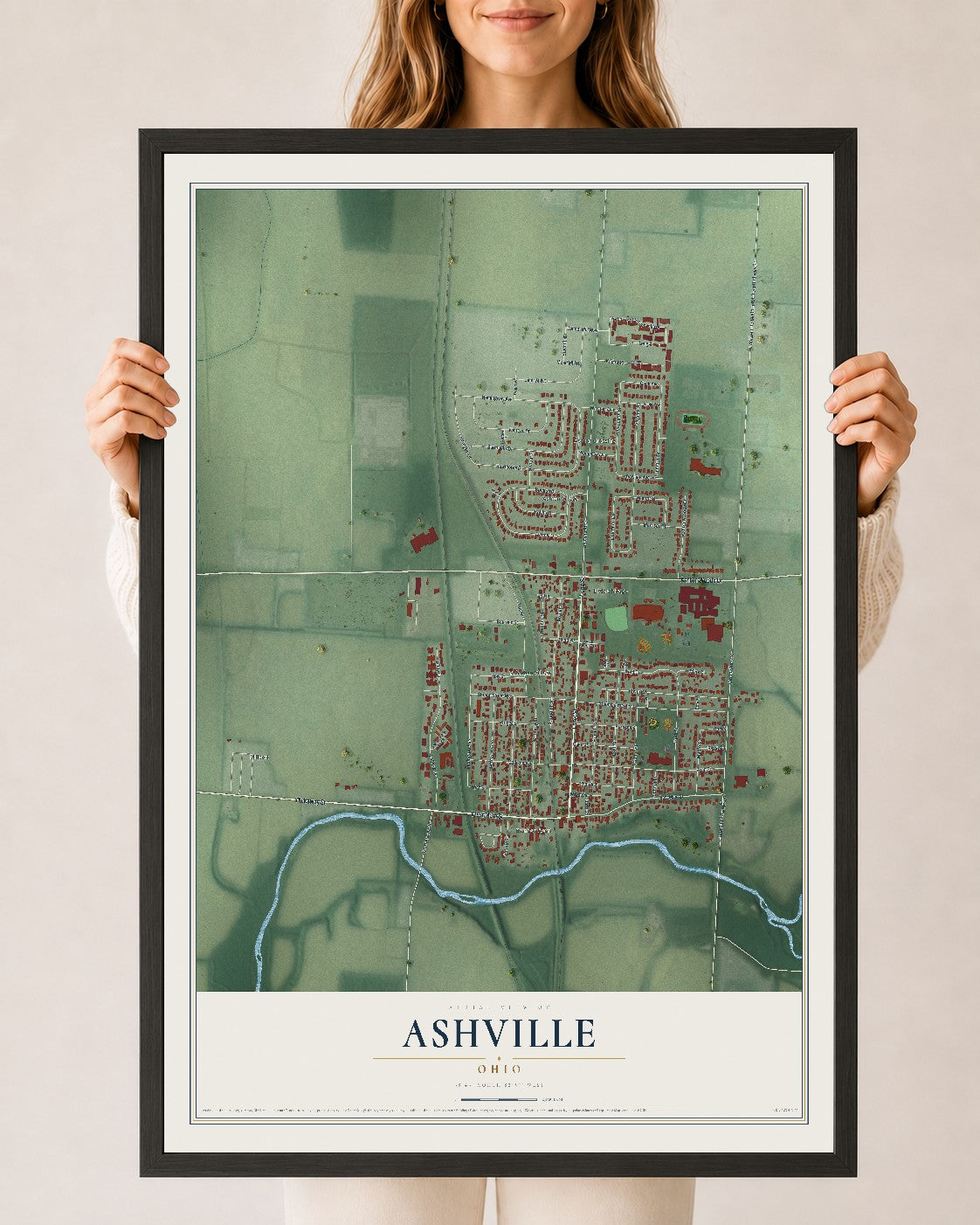 Map of Ashville, Ohio, 24 x 36 inch print in a black wood frame