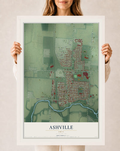 Map of Ashville, Ohio, 24 x 36 inch print in a white wood frame