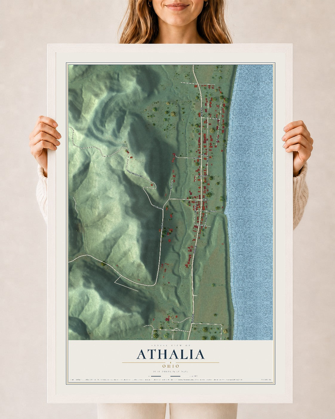 Map of Athalia, Ohio, 24 x 36 inch print in a white wood frame