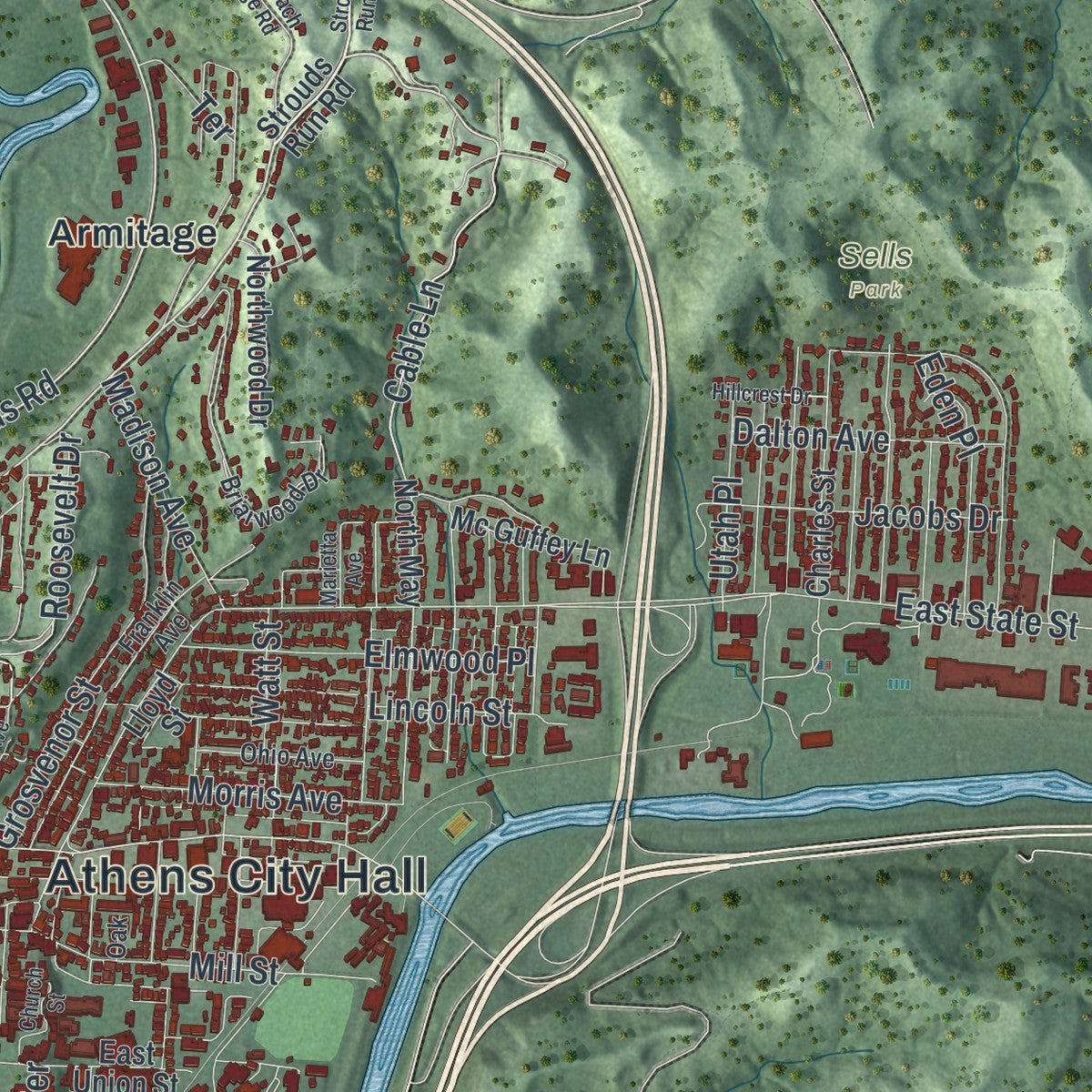 Close-up of the map of Athens, Ohio print showing street and building detail