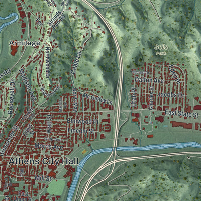 Close-up of the map of Athens, Ohio print showing street and building detail