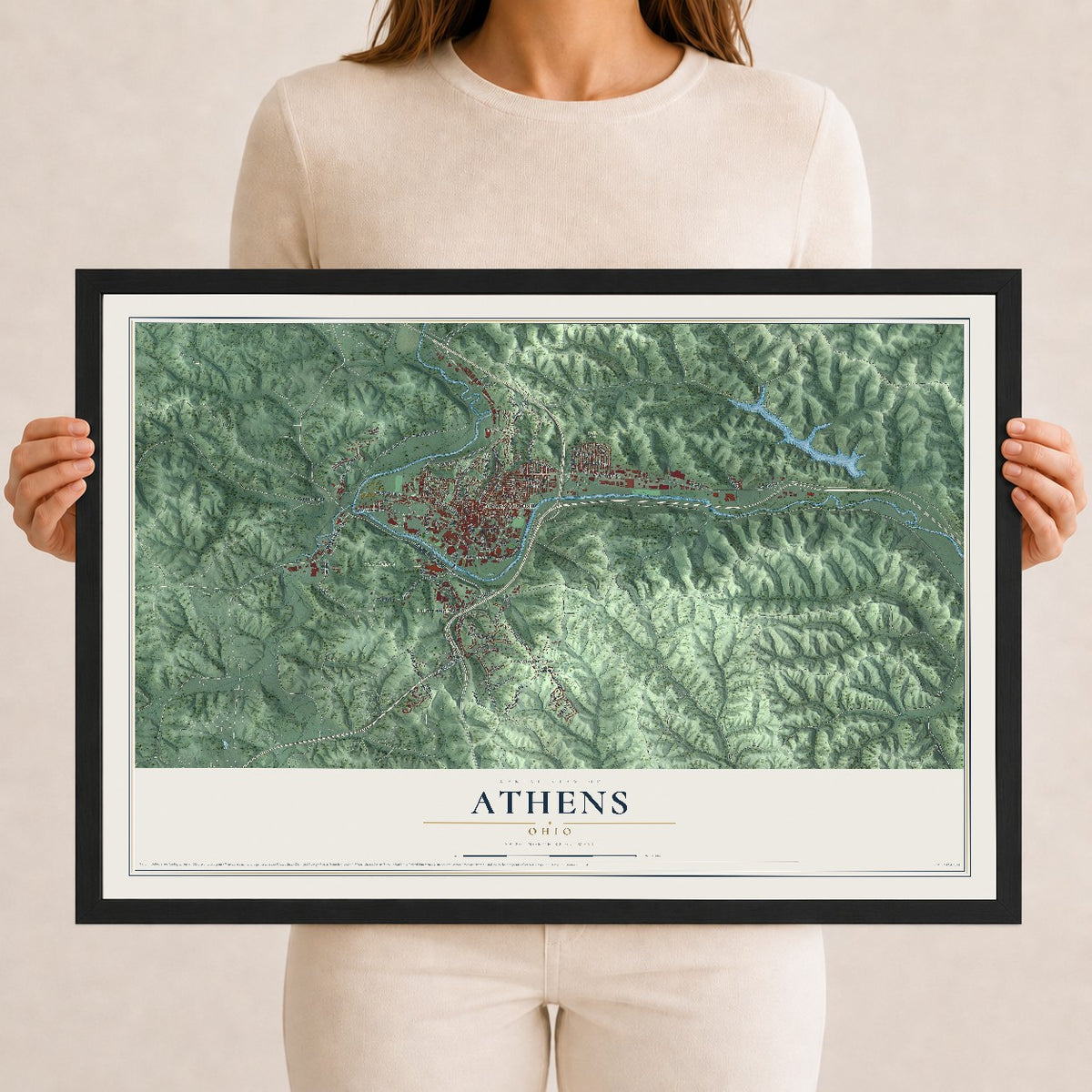 Map of Athens, Ohio, 12 x 18 inch print in a black wood frame