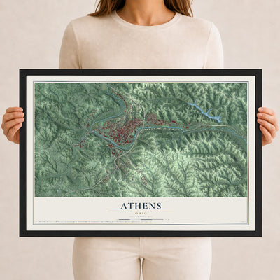 Map of Athens, Ohio, 12 x 18 inch print in a black wood frame
