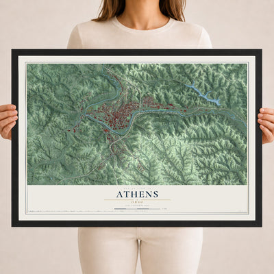 Map of Athens, Ohio, 18 x 24 inch print in a black wood frame