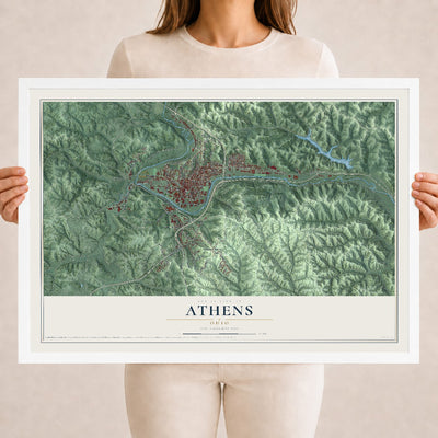 Map of Athens, Ohio, 18 x 24 inch print in a white wood frame