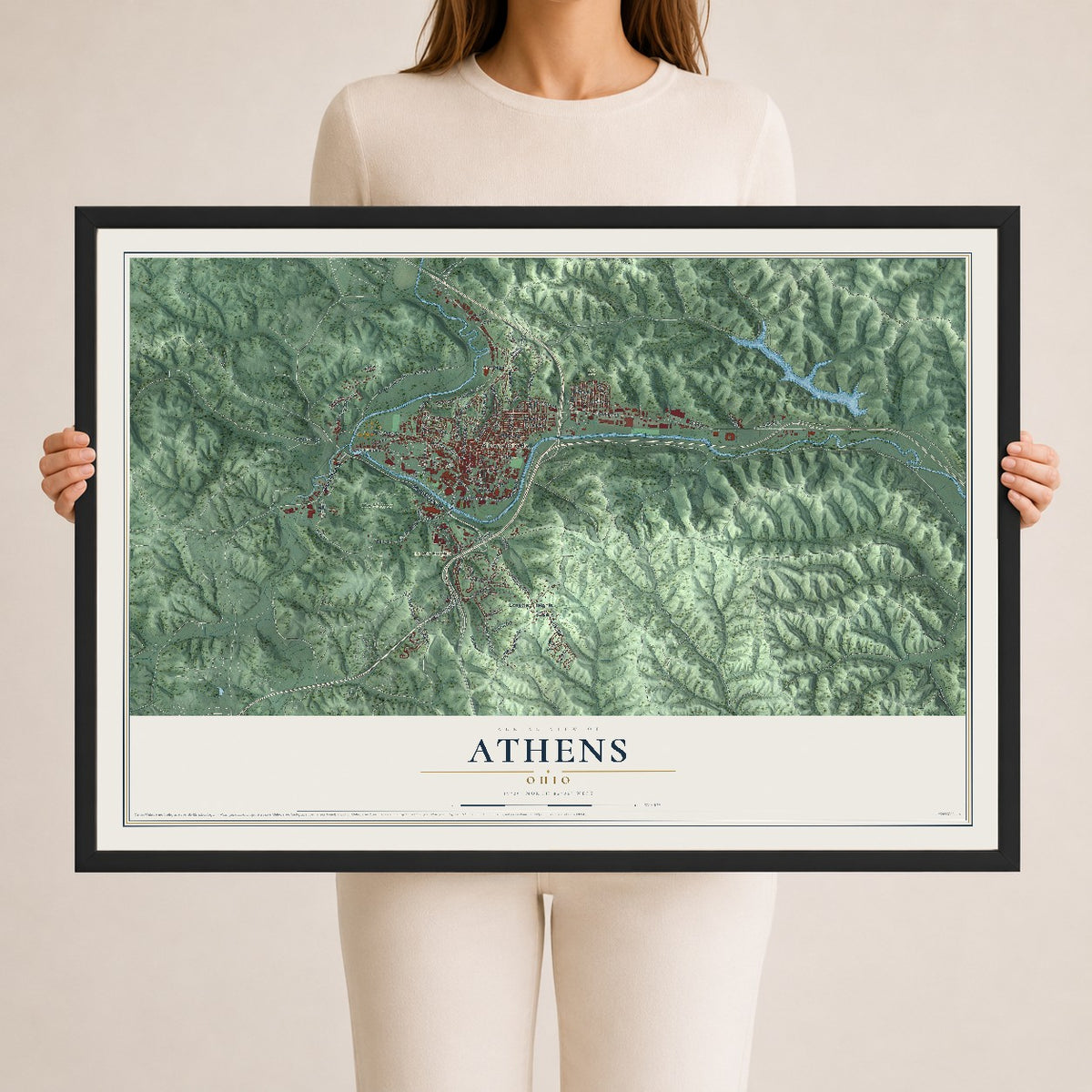 Map of Athens, Ohio, 24 x 36 inch print in a black wood frame