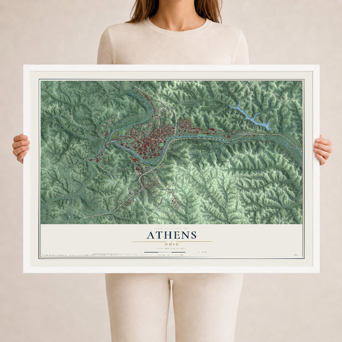 Map of Athens, Ohio, 24 x 36 inch print in a white wood frame
