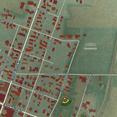 Close-up of the map of Attica, Ohio print showing street and building detail