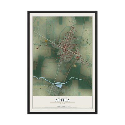 Map of Attica, Ohio, 12 x 18 inch print in a black wood frame