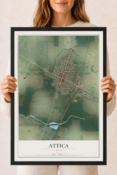 Map of Attica, Ohio, 18 x 24 inch print in a black wood frame