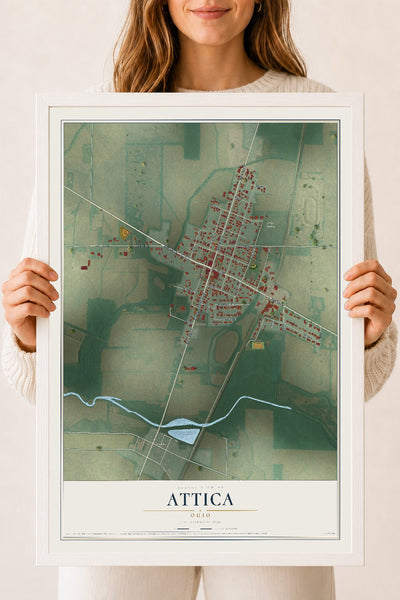 Map of Attica, Ohio, 18 x 24 inch print in a white wood frame