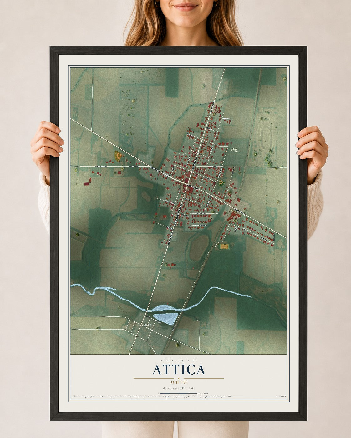 Map of Attica, Ohio, 24 x 36 inch print in a black wood frame