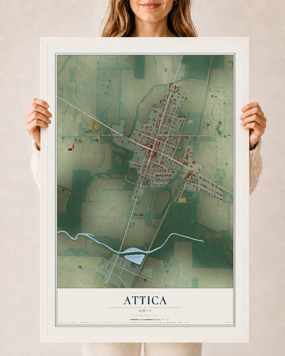 Map of Attica, Ohio, 24 x 36 inch print in a white wood frame