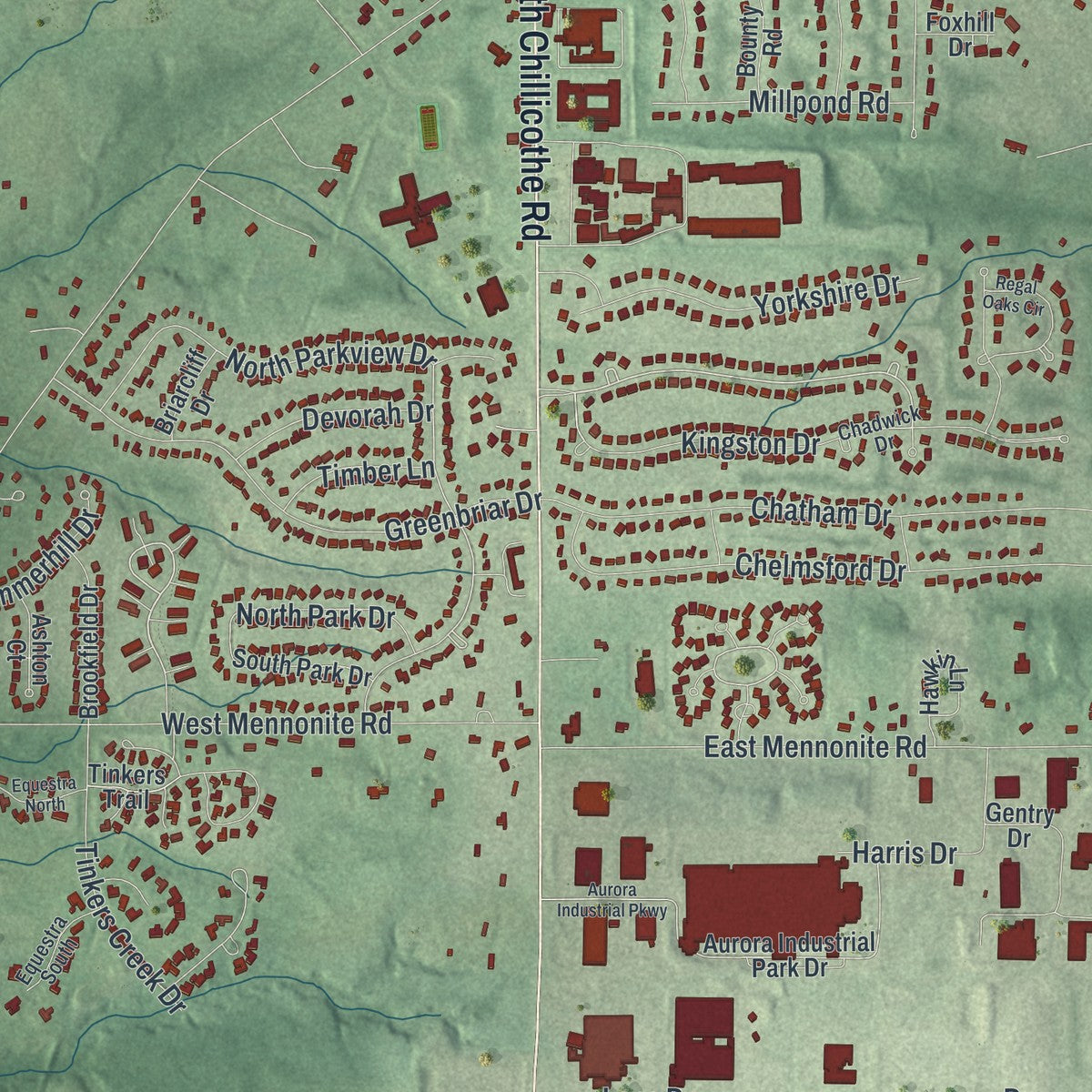 Close-up of the map of Aurora, Ohio print showing street and building detail