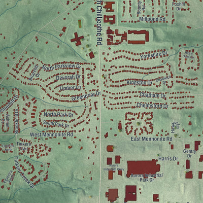 Close-up of the map of Aurora, Ohio print showing street and building detail