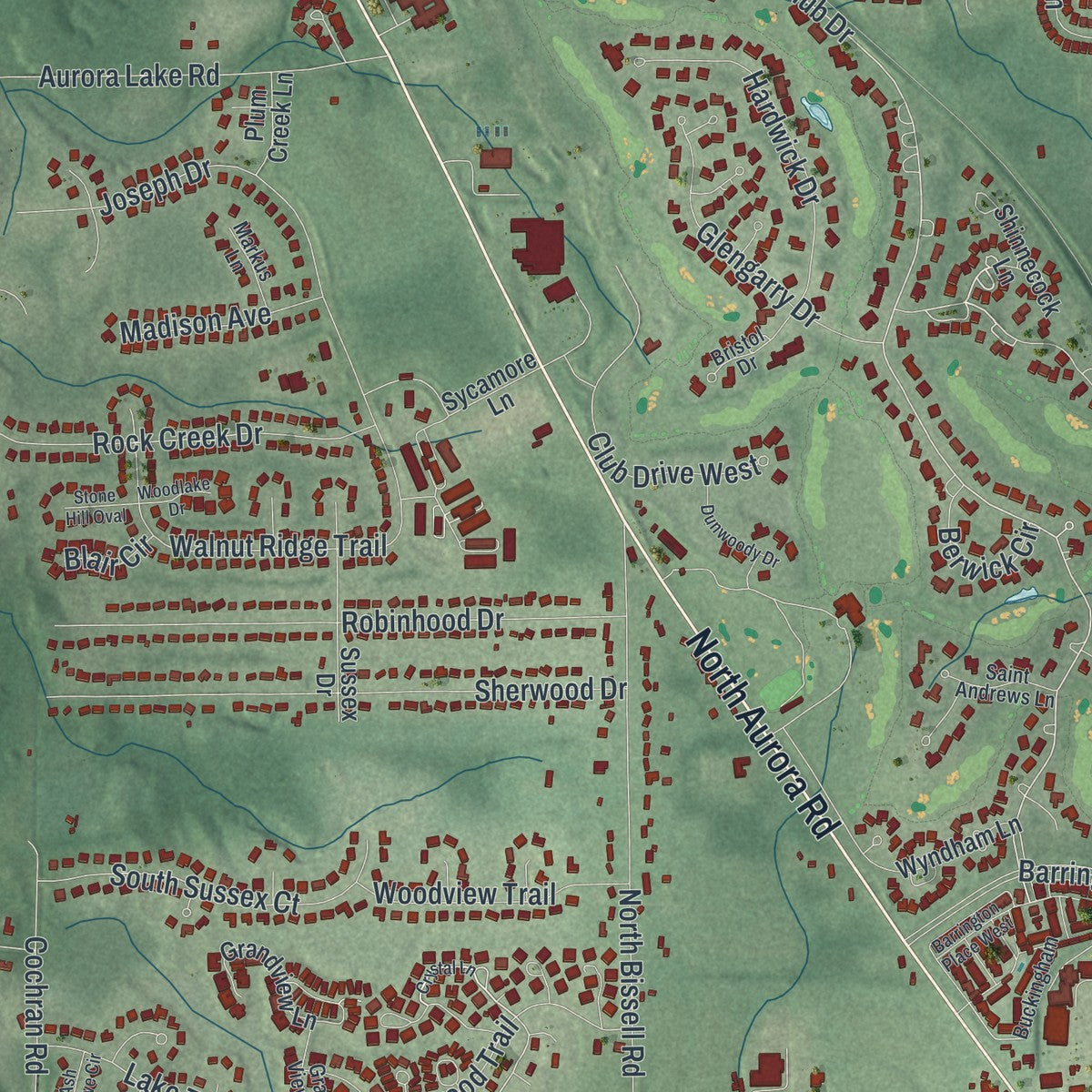 Second close-up of the map of Aurora, Ohio print showing more streets and buildings