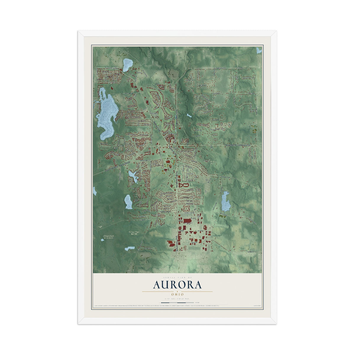 Map of Aurora, Ohio, 12 x 18 inch print in a white wood frame