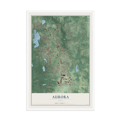 Map of Aurora, Ohio, 12 x 18 inch print in a white wood frame