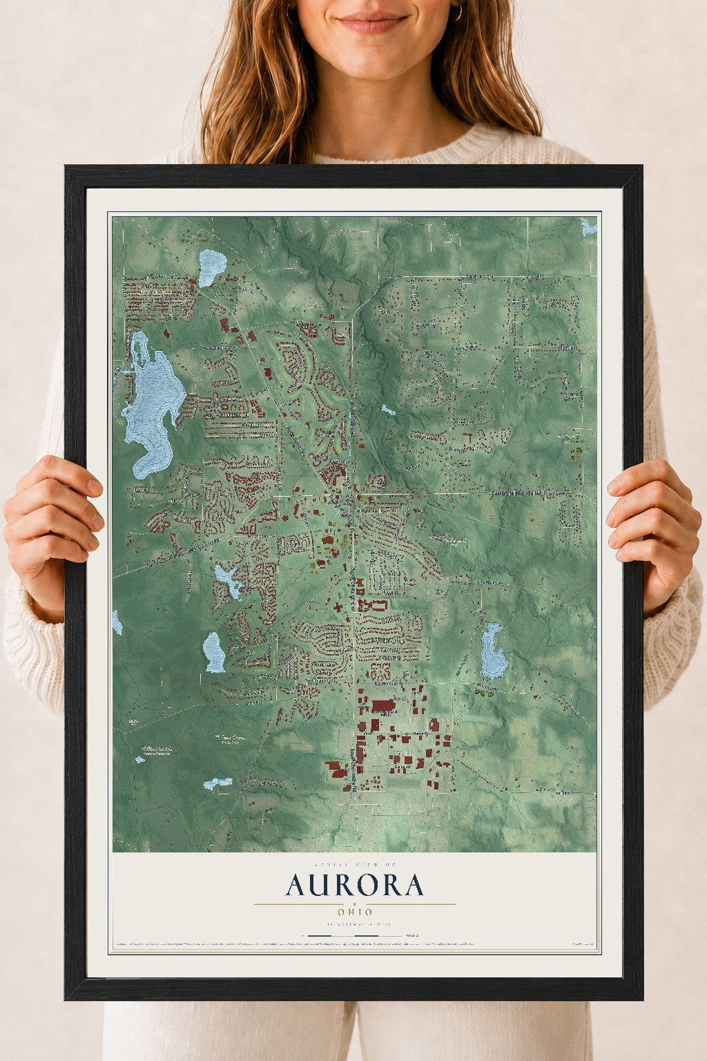 Map of Aurora, Ohio, 18 x 24 inch print in a black wood frame