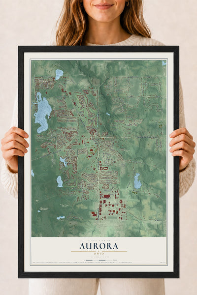 Map of Aurora, Ohio, 18 x 24 inch print in a black wood frame