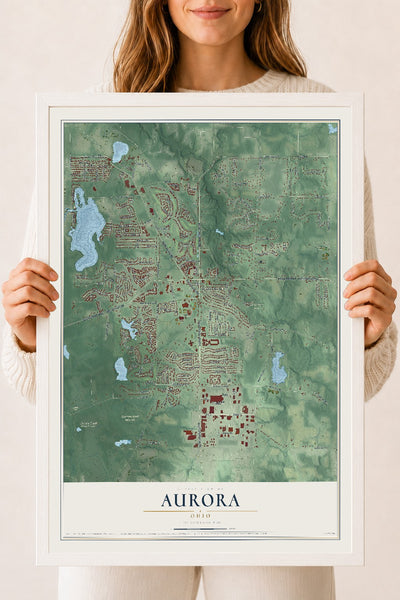 Map of Aurora, Ohio, 18 x 24 inch print in a white wood frame