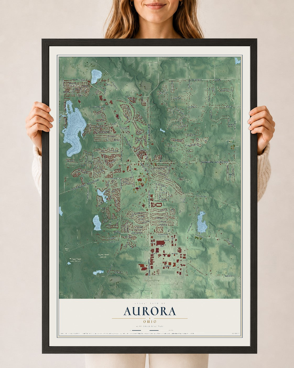 Map of Aurora, Ohio, 24 x 36 inch print in a black wood frame