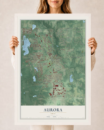 Map of Aurora, Ohio, 24 x 36 inch print in a white wood frame