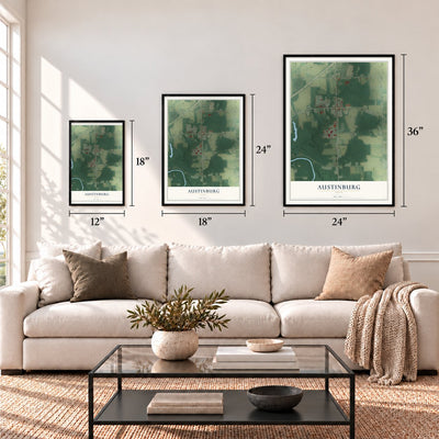Austinburg, Ohio map in 12 x 18, 18 x 24 and 24 x 36 inch sizes above a sofa